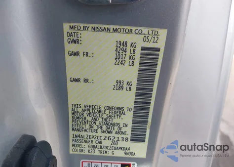 2012 Nissan Altima 2.5 S from USA, damaged, VIN 1N4AL2EP2CC262138